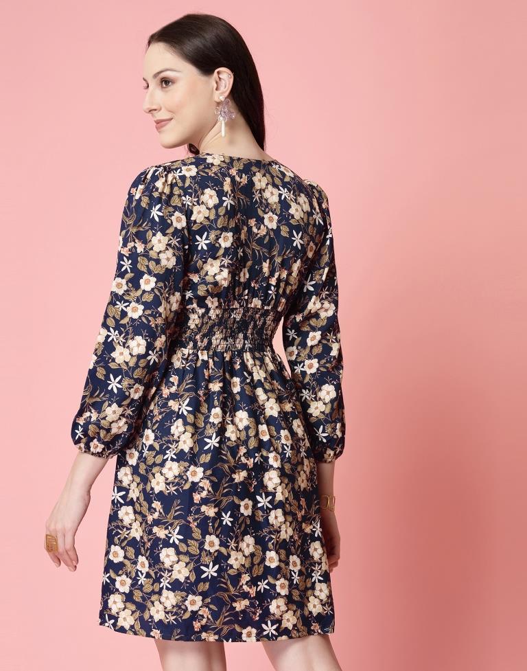 Navy Blue Crepe Printed A-Line Dress