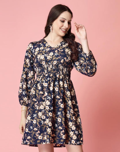 Navy Blue Crepe Printed A-Line Dress