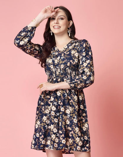 Navy Blue Crepe Printed A-Line Dress