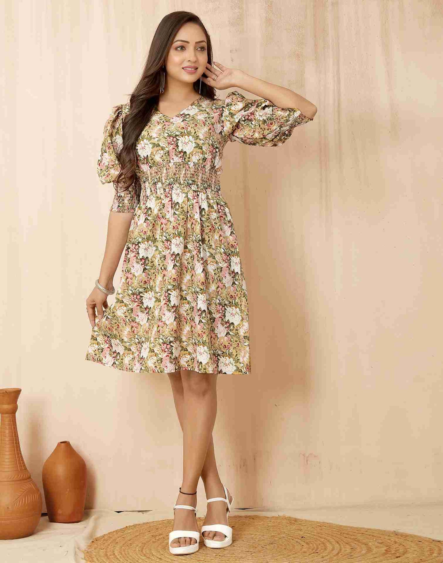 White Polyester Printed Dress