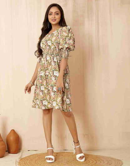 White Polyester Printed Dress