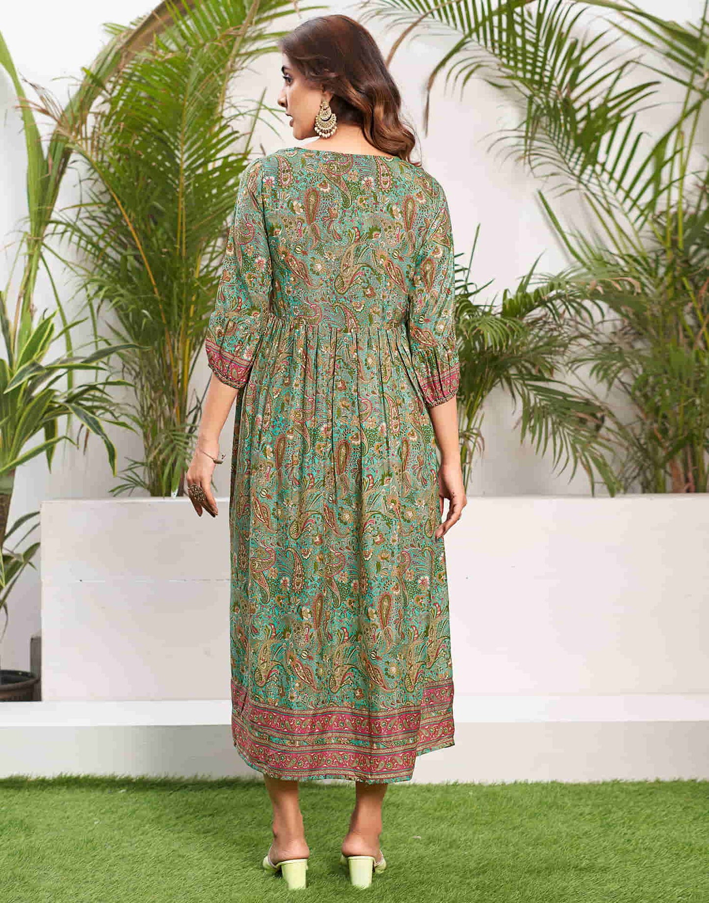 Teal Green Silk Printed Flared Dress