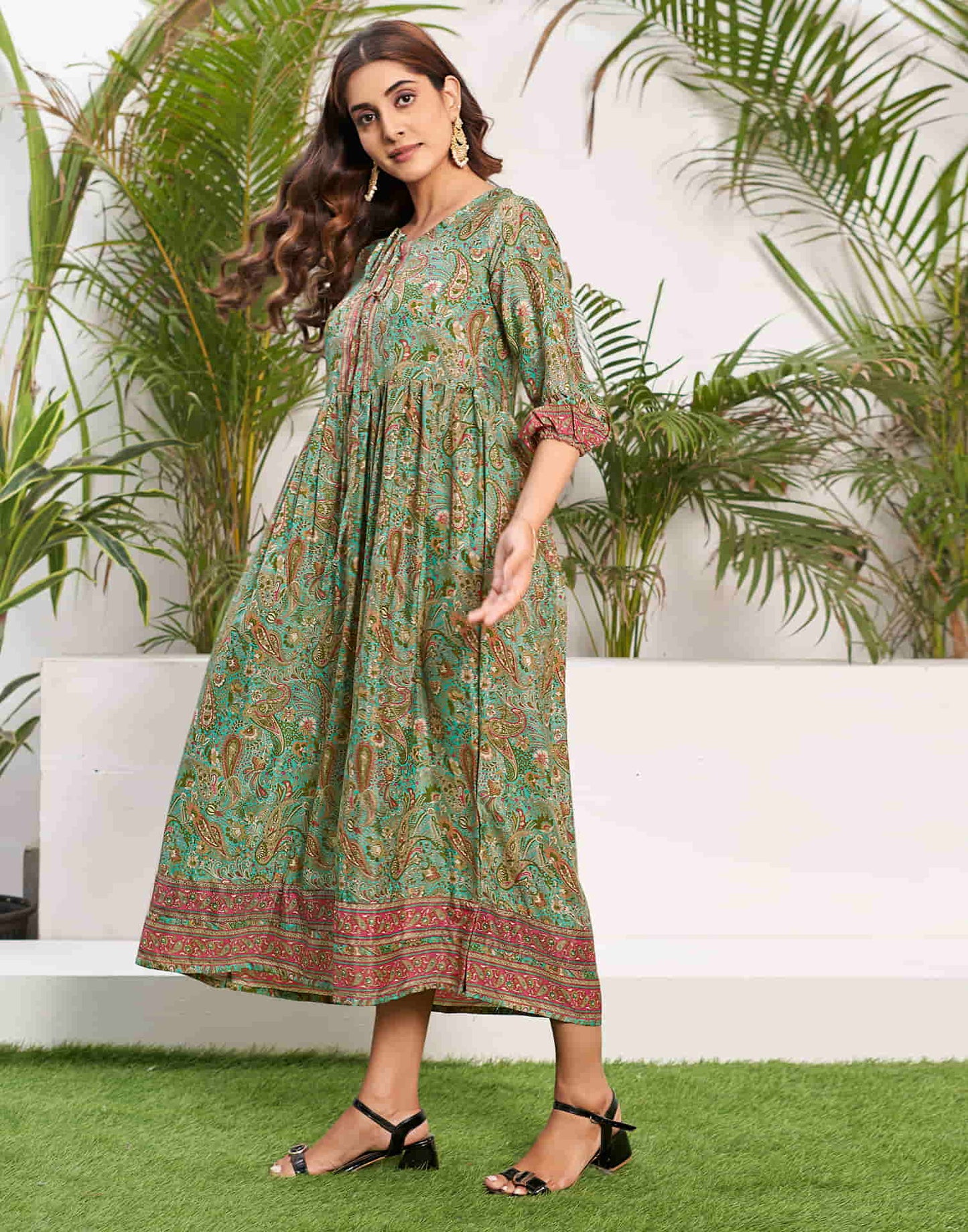 Teal Green Silk Printed Flared Dress