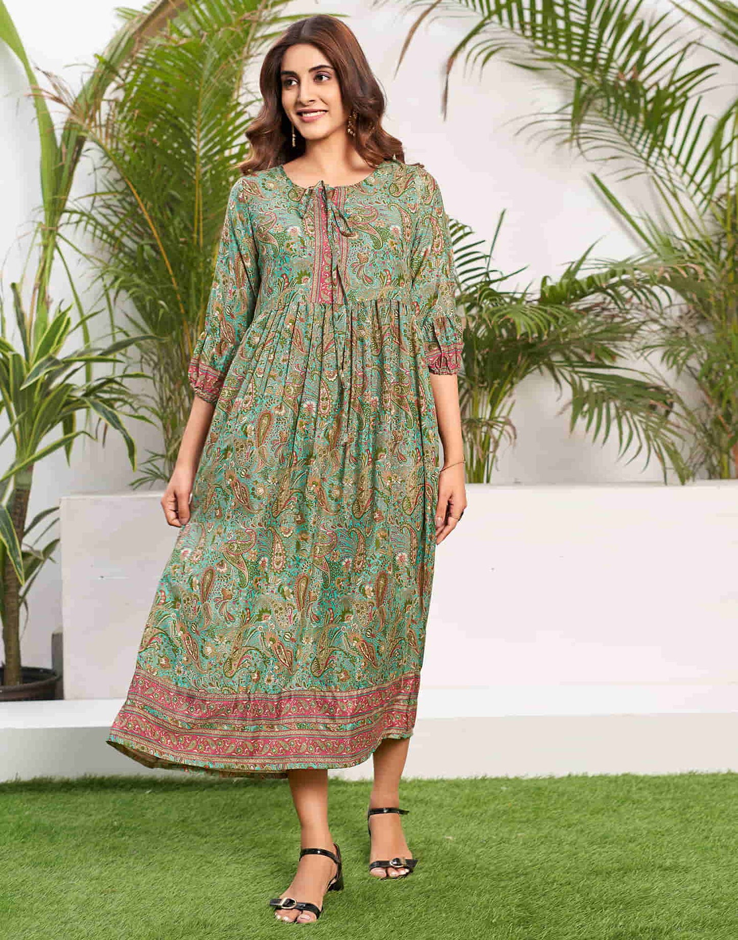Teal Green Silk Printed Flared Dress