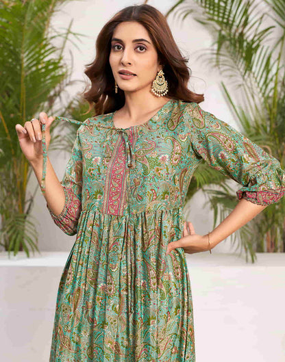 Teal Green Silk Printed Flared Dress