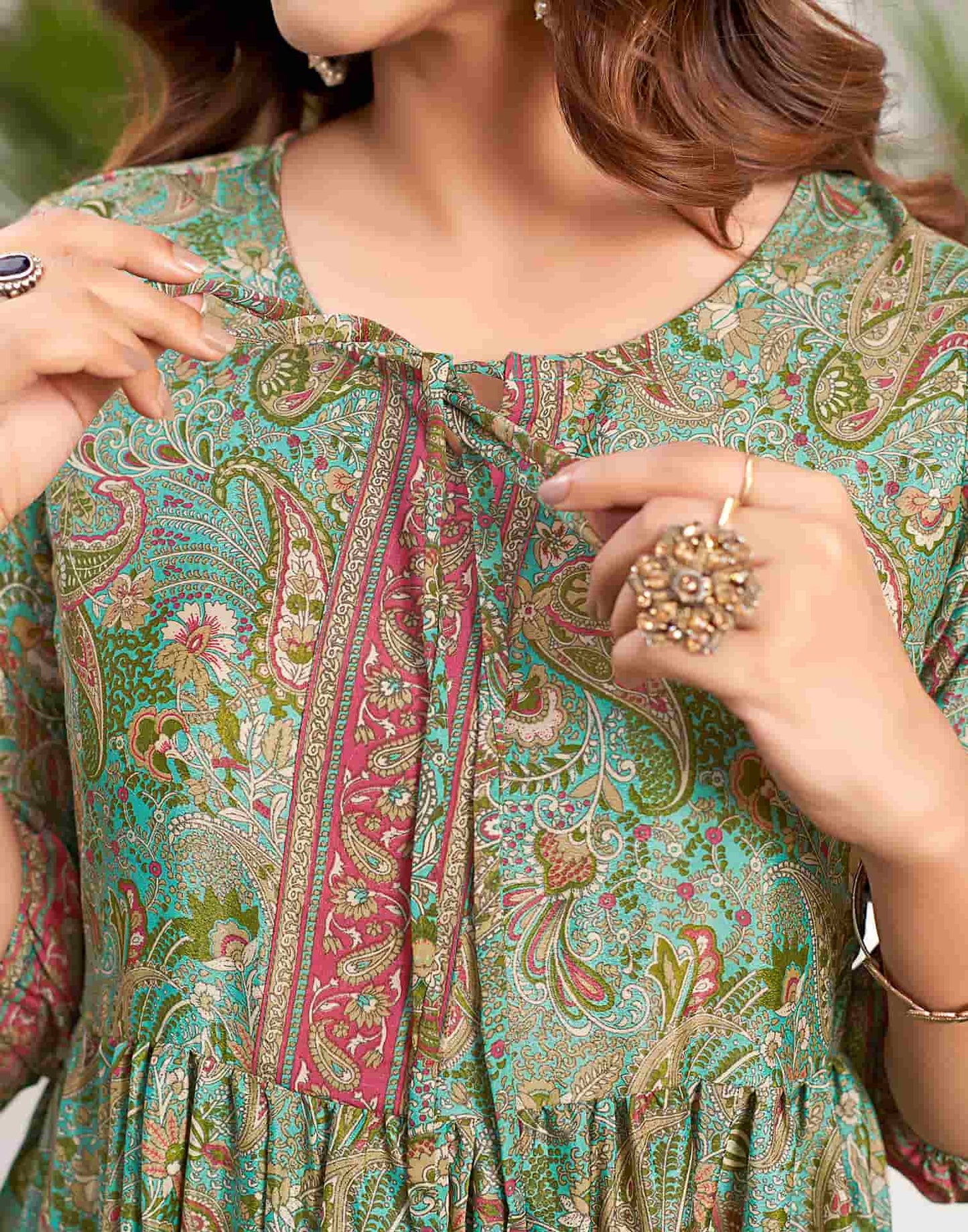 Teal Green Silk Printed Flared Dress