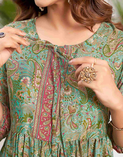 Teal Green Silk Printed Flared Dress
