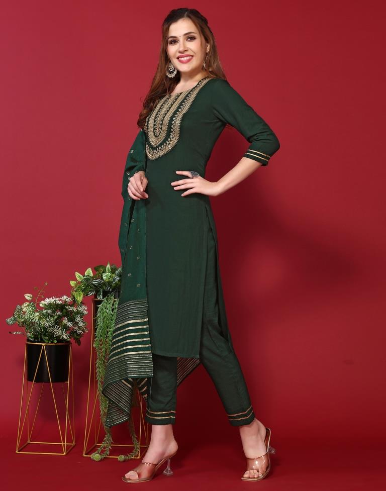 Bottle Green Embroidered Kurta With Pant And Dupatta