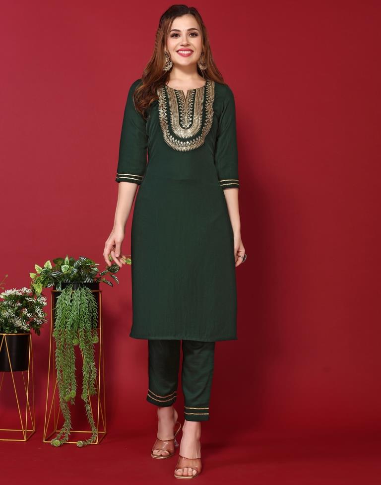 Bottle Green Embroidered Kurta With Pant And Dupatta