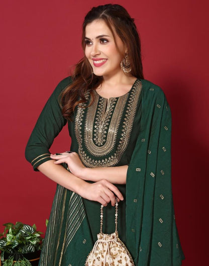 Bottle Green Embroidered Kurta With Pant And Dupatta