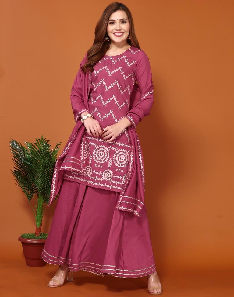 Redish Pink Chinnon Embroidery Sharara Suit Kurti With Pant And Dupatta | Leemboodi