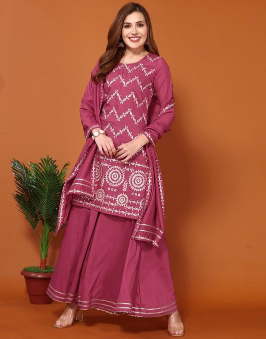 Redish Pink Chinnon Embroidery Sharara Suit Kurti With Pant And Dupatta | Leemboodi