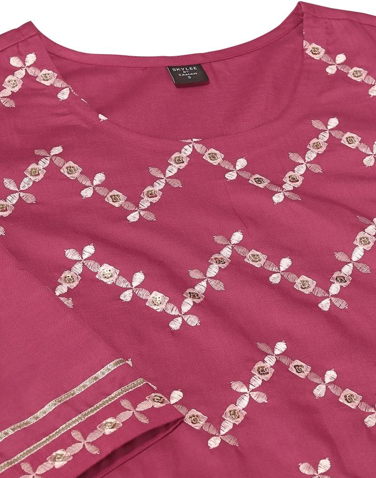 Redish Pink Chinnon Embroidery Sharara Suit Kurti With Pant And Dupatta | Leemboodi