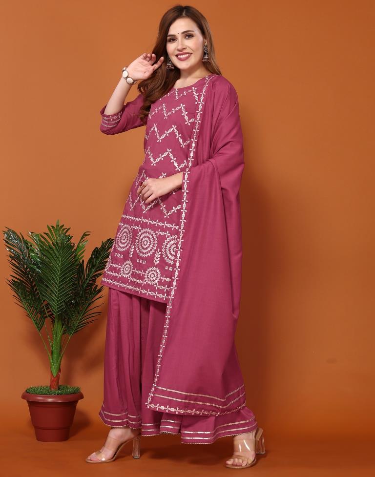 Redish Pink Chinnon Embroidery Sharara Suit Kurti With Pant And Dupatta | Leemboodi