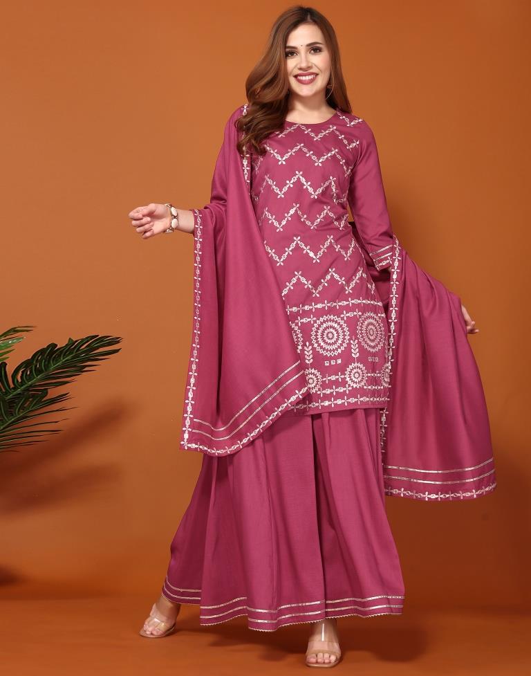 Redish Pink Chinnon Embroidery Sharara Suit Kurti With Pant And Dupatta | Leemboodi