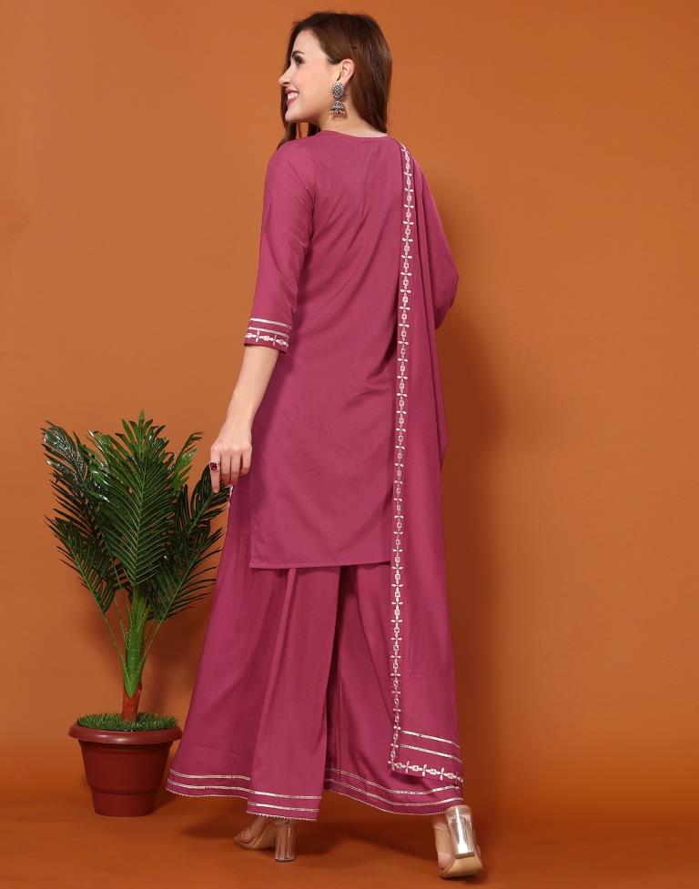 Redish Pink Chinnon Embroidery Sharara Suit Kurti With Pant And Dupatta | Leemboodi