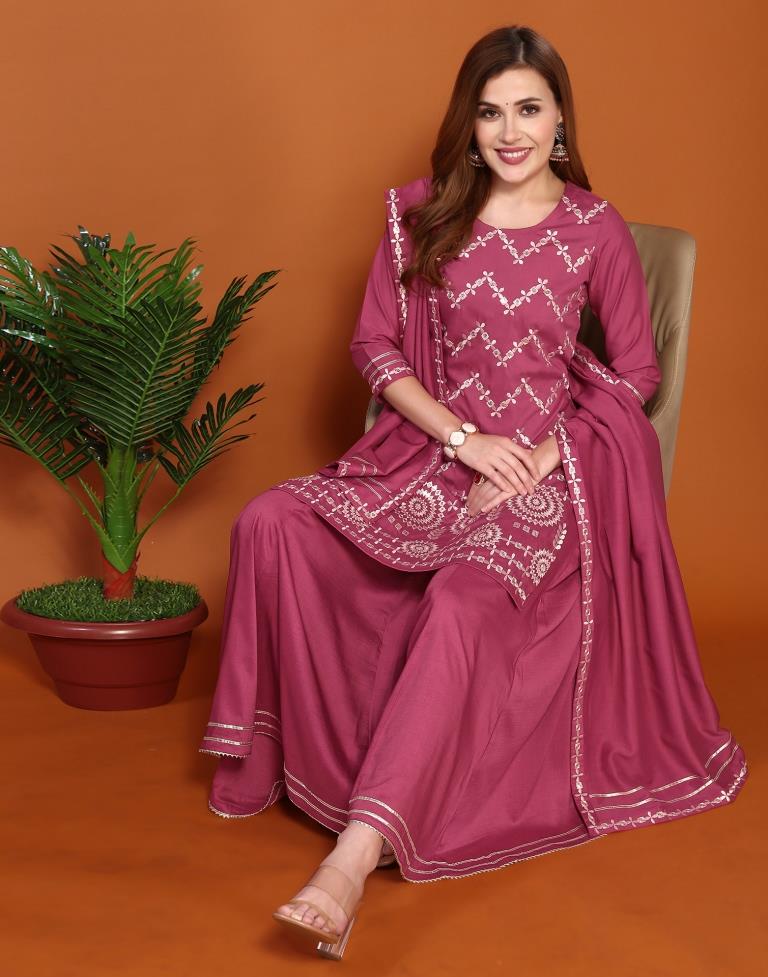 Redish Pink Chinnon Embroidery Sharara Suit Kurti With Pant And Dupatta | Leemboodi