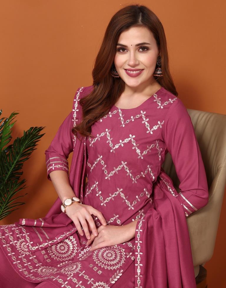 Redish Pink Chinnon Embroidery Sharara Suit Kurti With Pant And Dupatta | Leemboodi