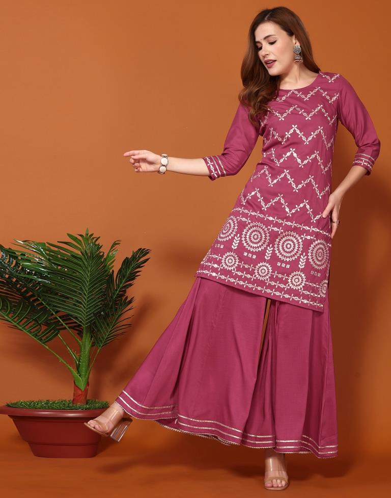 Redish Pink Chinnon Embroidery Sharara Suit Kurti With Pant And Dupatta | Leemboodi