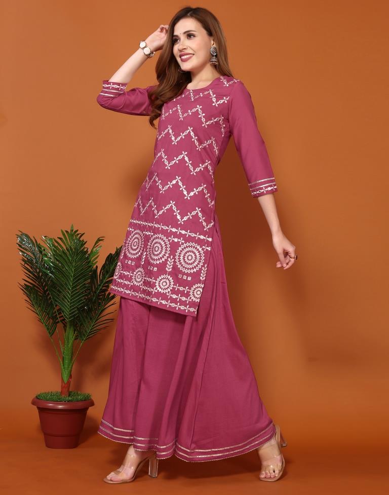 Redish Pink Chinnon Embroidery Sharara Suit Kurti With Pant And Dupatta | Leemboodi