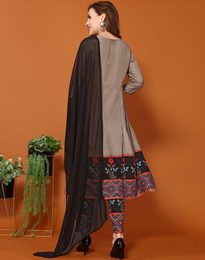 Grey Chinnon Printed A-Line Kurta Kurti With Pant And Dupatta | Leemboodi