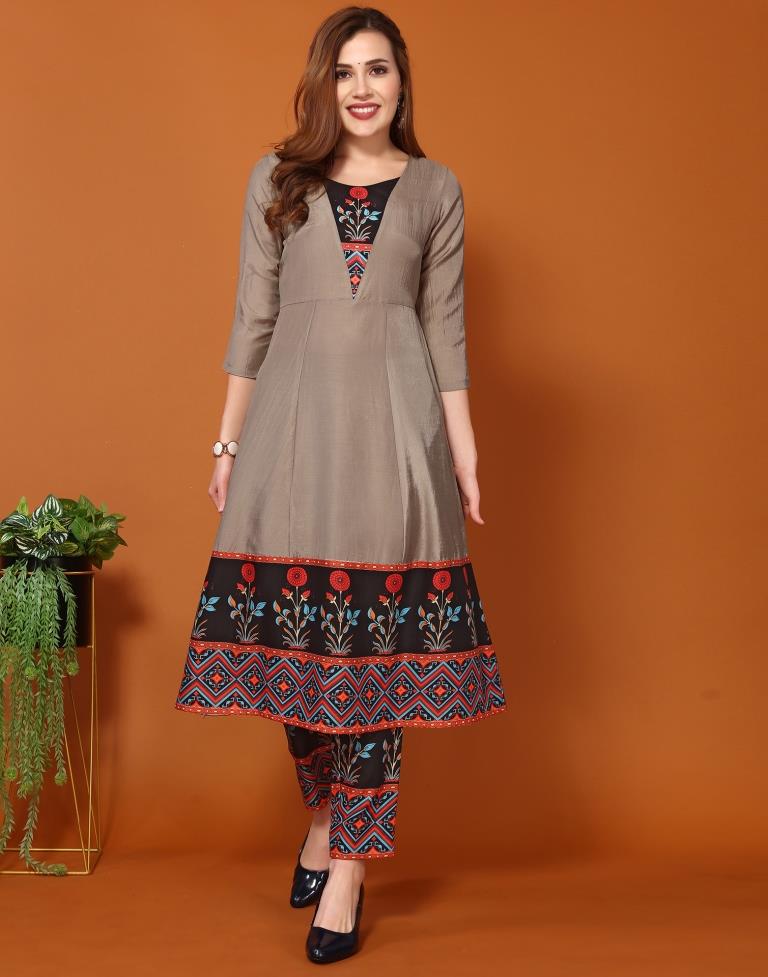 Grey Chinnon Printed A-Line Kurta Kurti With Pant And Dupatta | Leemboodi