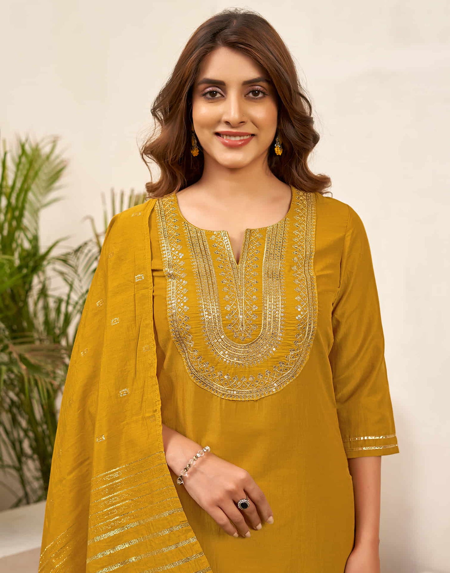 Mustard Yellow Sequence Chinnon Straight Kurta With Pant And Dupatta