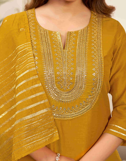 Mustard Yellow Sequence Chinnon Straight Kurta With Pant And Dupatta