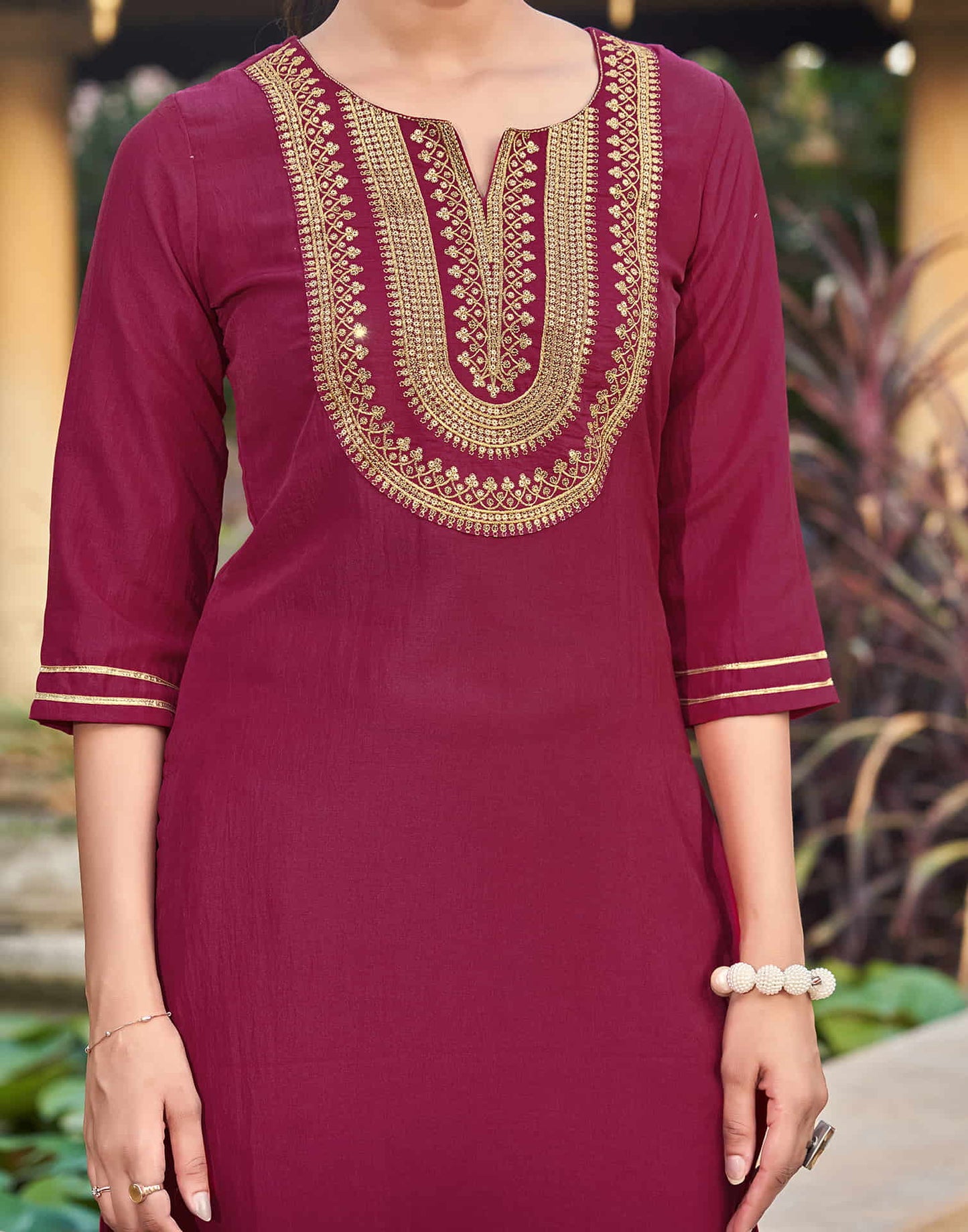 Maroon Sequence Chinnon Straight Kurta With Pant And Dupatta