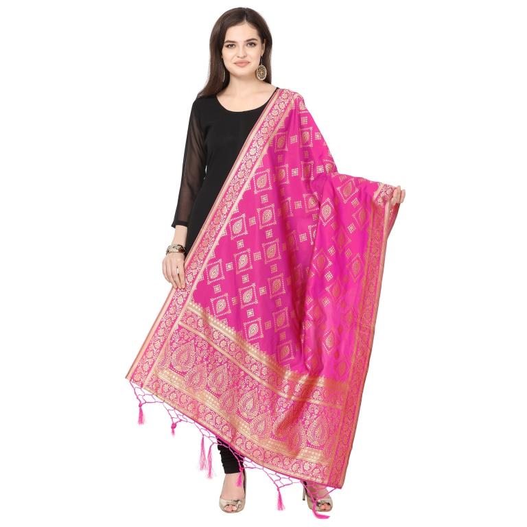 Exquisite Pink Coloured Poly Silk Jacquard Banarasi Dupatta | Sudathi