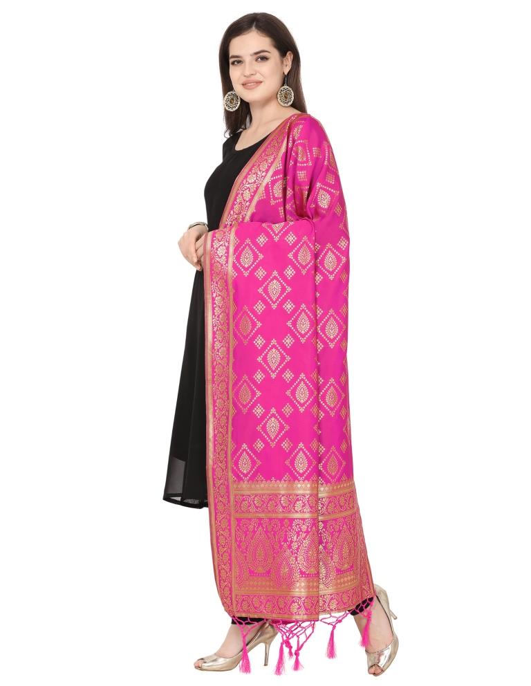 Exquisite Pink Coloured Poly Silk Jacquard Banarasi Dupatta | Sudathi