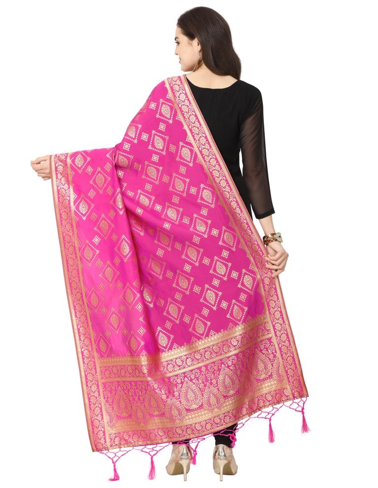Exquisite Pink Coloured Poly Silk Jacquard Banarasi Dupatta | Sudathi