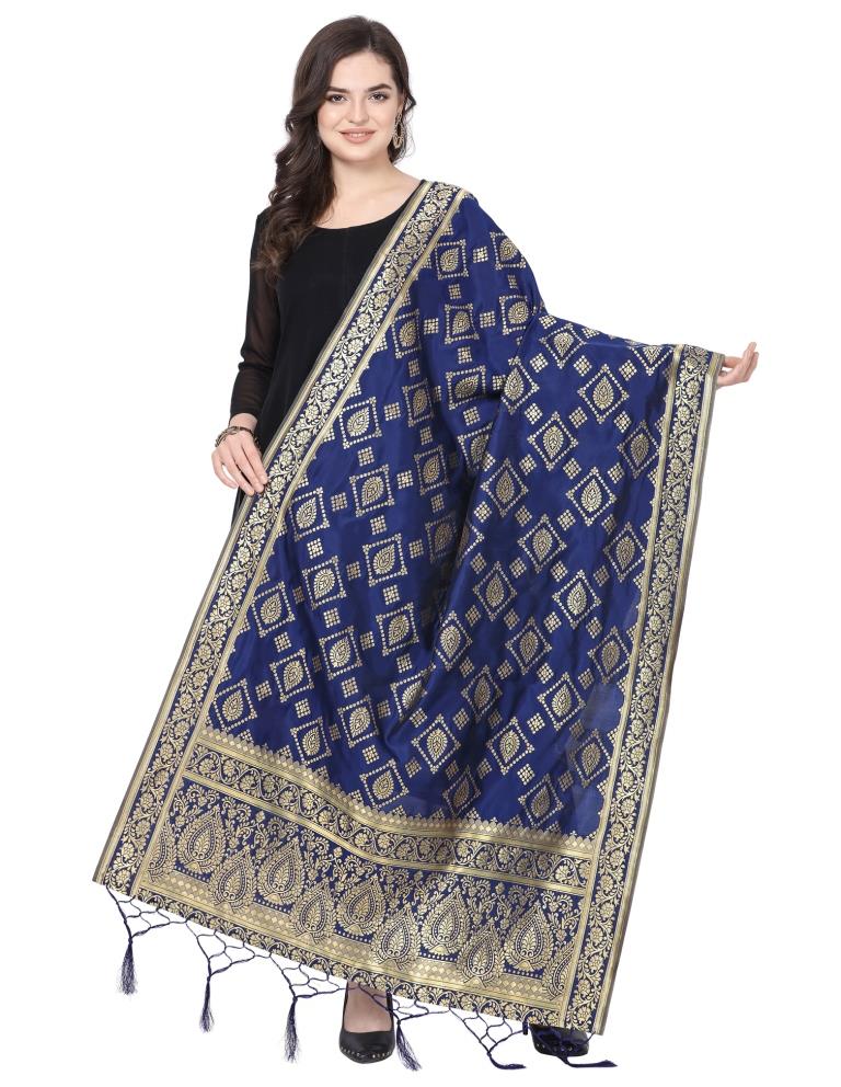 Contemporary Navy Blue Coloured Poly Silk Jacquard Banarasi Dupatta | Sudathi
