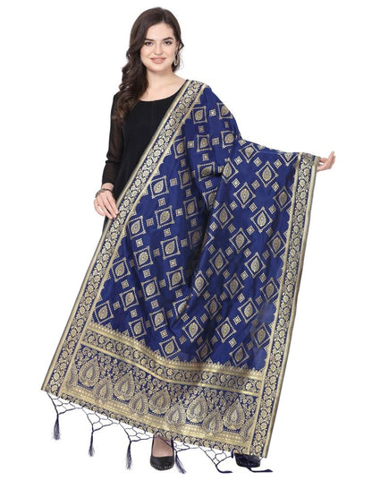 Contemporary Navy Blue Coloured Poly Silk Jacquard Banarasi Dupatta | Sudathi