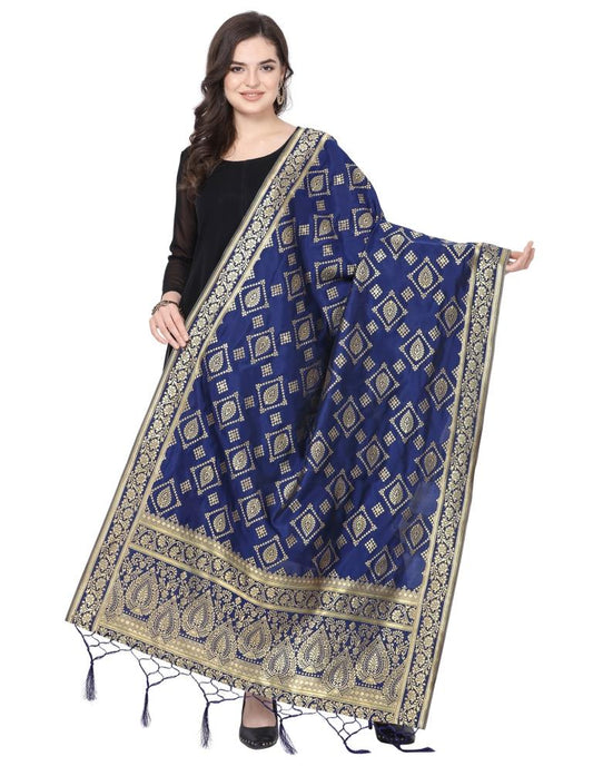 Contemporary Navy Blue Coloured Poly Silk Jacquard Banarasi Dupatta | Sudathi