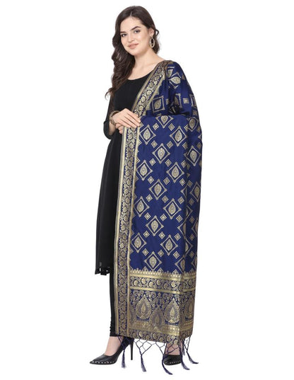 Contemporary Navy Blue Coloured Poly Silk Jacquard Banarasi Dupatta | Sudathi
