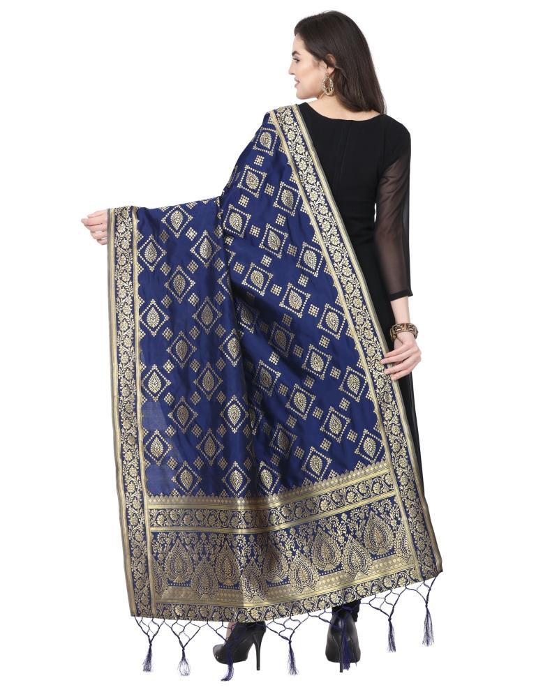 Contemporary Navy Blue Coloured Poly Silk Jacquard Banarasi Dupatta | Sudathi