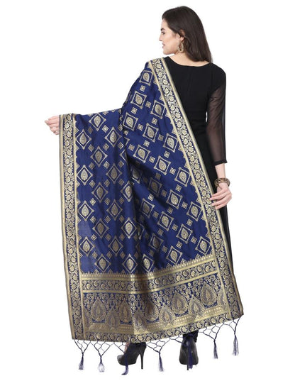 Contemporary Navy Blue Coloured Poly Silk Jacquard Banarasi Dupatta | Sudathi