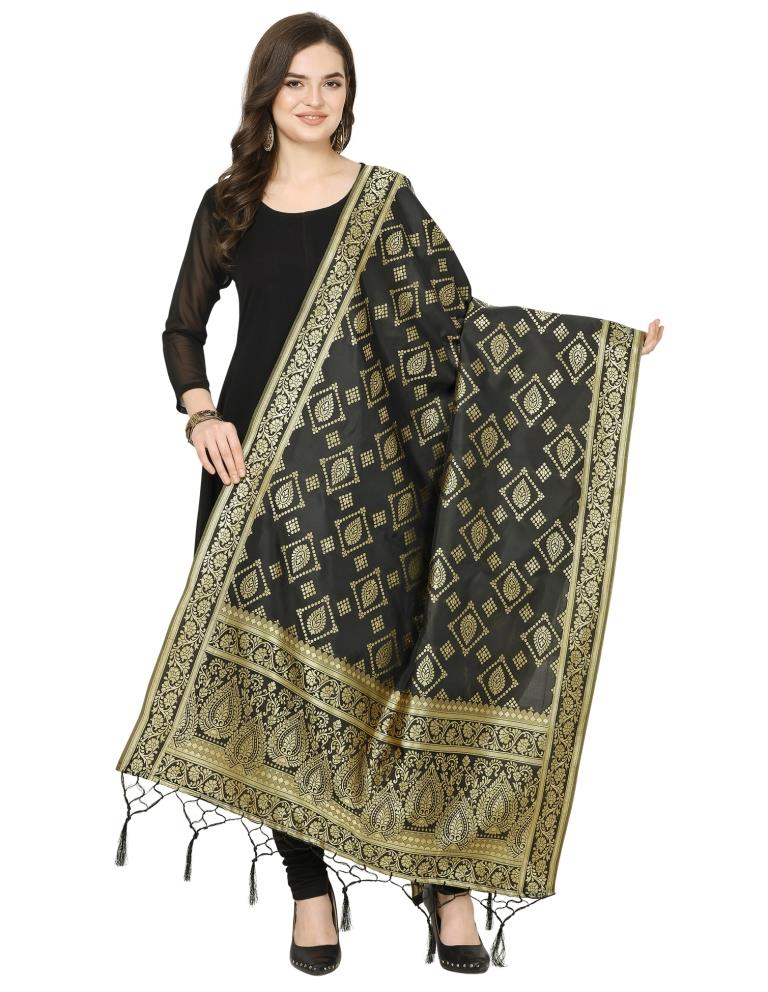 Brilliant Black Coloured Poly Silk Jacquard Banarasi Dupatta | Sudathi