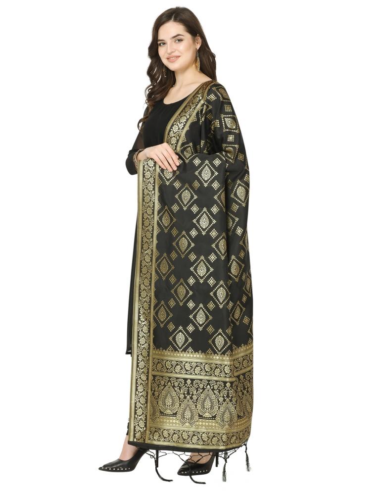 Brilliant Black Coloured Poly Silk Jacquard Banarasi Dupatta | Sudathi