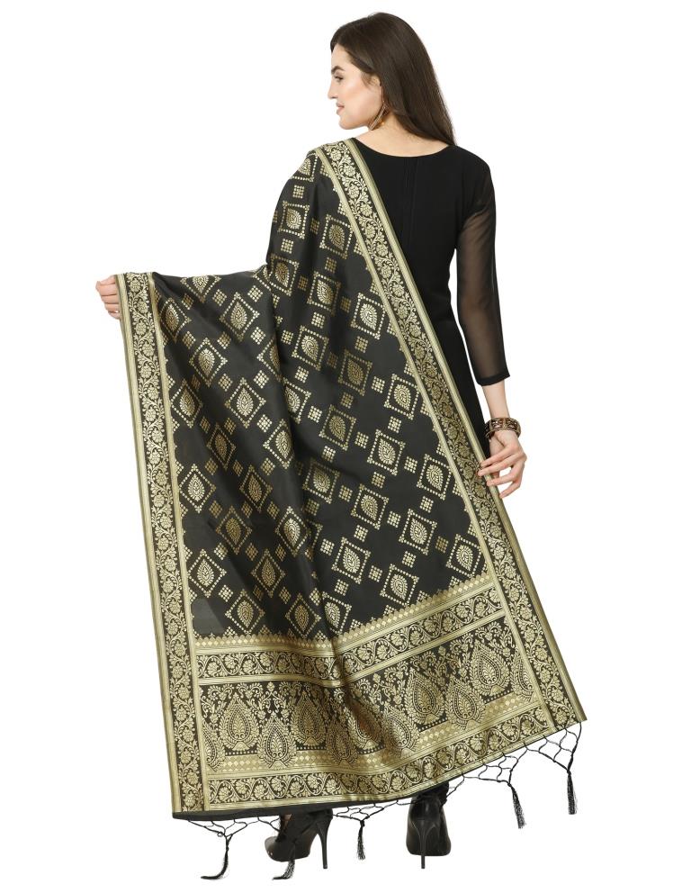 Brilliant Black Coloured Poly Silk Jacquard Banarasi Dupatta | Sudathi