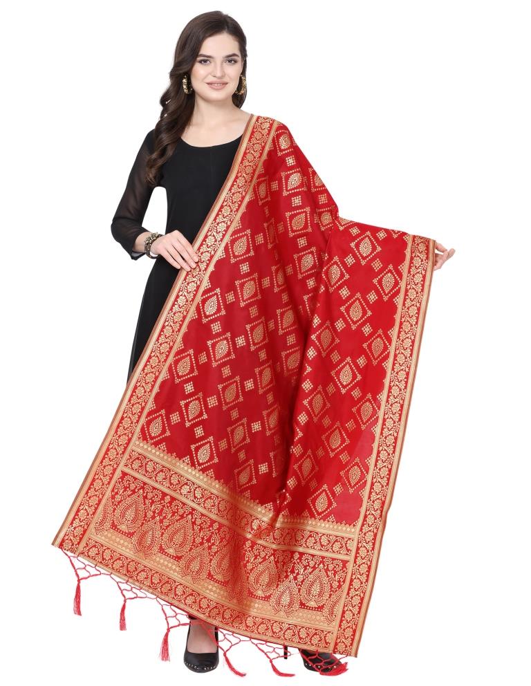 Enticing Red Coloured Poly Silk Jacquard Banarasi Dupatta | Sudathi