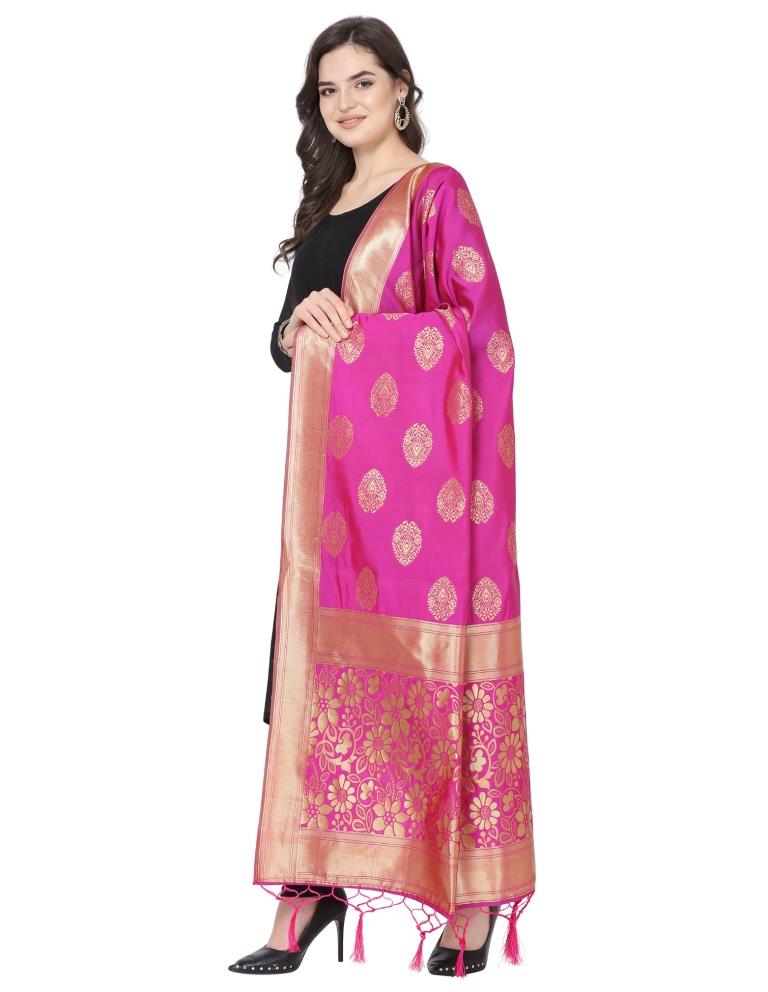 Enchanting Pink Coloured Poly Silk Jacquard Banarasi Dupatta | Sudathi