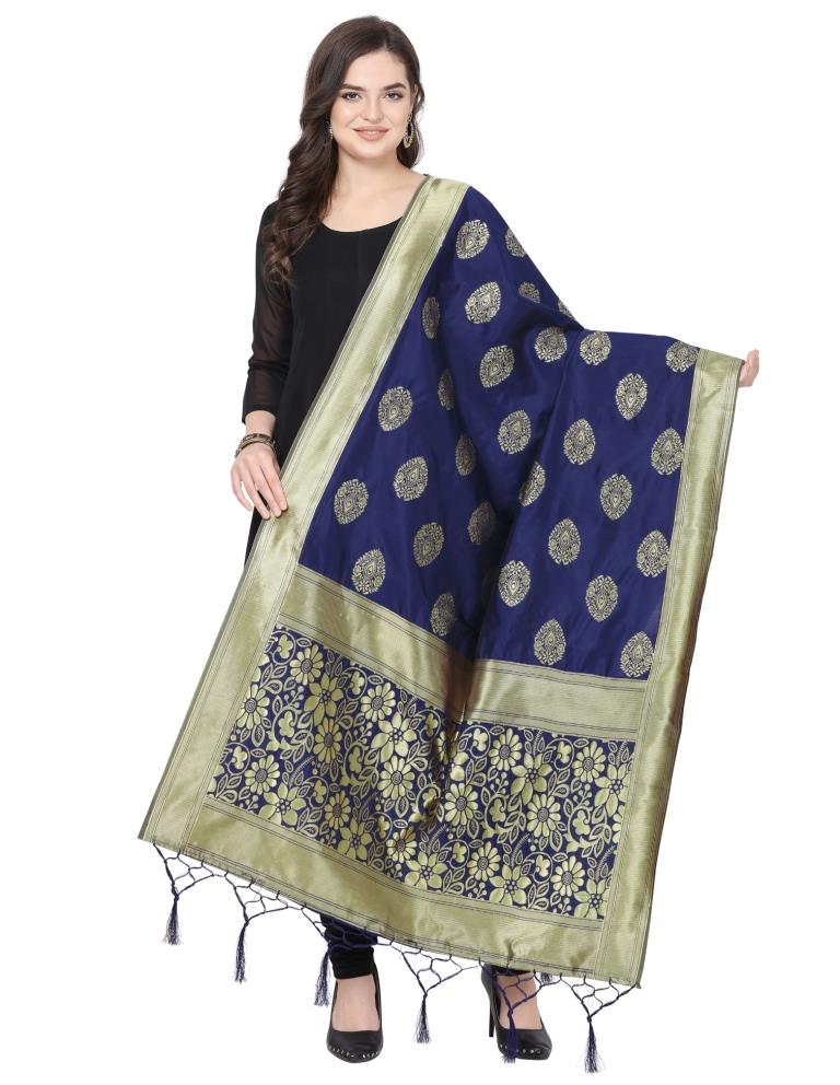 Mesmerising Navy Blue Coloured Poly Silk Jacquard Banarasi Dupatta | Sudathi