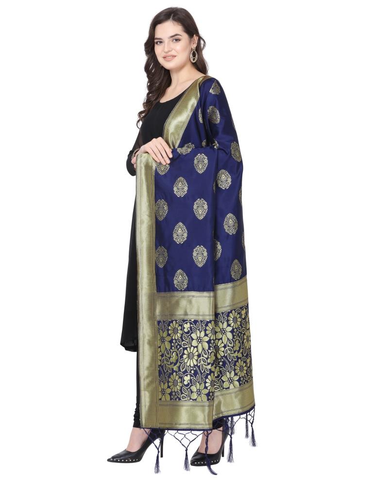 Mesmerising Navy Blue Coloured Poly Silk Jacquard Banarasi Dupatta | Sudathi