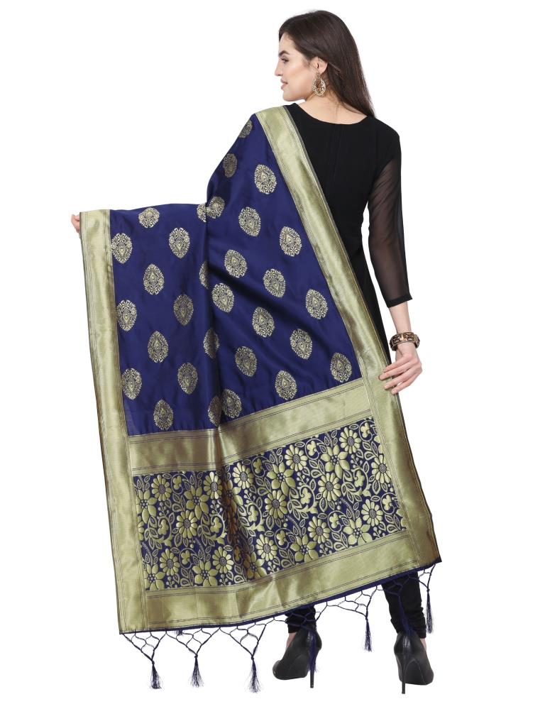 Mesmerising Navy Blue Coloured Poly Silk Jacquard Banarasi Dupatta | Sudathi