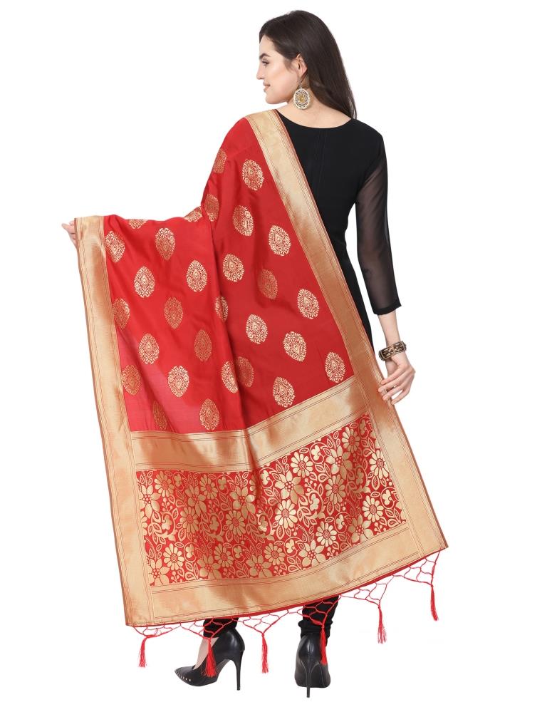 Ethereal Red Coloured Poly Silk Jacquard Banarasi Dupatta | Sudathi