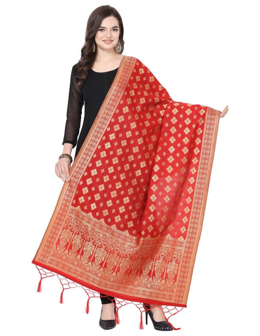 Precious Red Coloured Poly Silk Jacquard Banarasi Dupatta | Sudathi