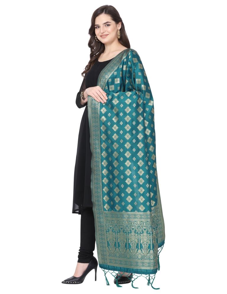 Imperial Turquoise Coloured Poly Silk Jacquard Banarasi Dupatta | Sudathi