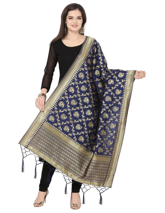Enchanting Navy Blue Coloured Poly Silk Jacquard Banarasi Dupatta | Sudathi
